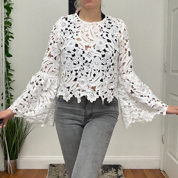 DECJUBA Bell Sleeve Eyelet Floral Lace Top Blouse Size 10 White - Picture 2 of 11